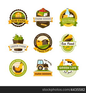 Organic Food Farm Emblems. Set of isolated organic food farm emblems or labels set on white background vector illustration