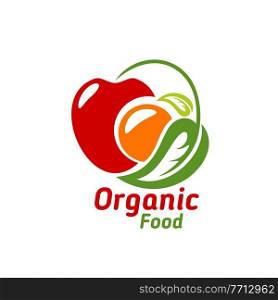 Organic food icon, vector emblem with apple, orange and green leaf isolated on white background. Ecological natural farm production, eco market healthy food, retail label design for store. Organic food icon, vector emblem, eco food label