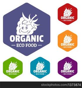 Organic food icons vector colorful hexahedron set collection isolated on white . Organic food icons vector hexahedron
