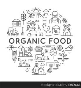 Organic food label for farmer market with agriculture line icons. Round logo with farm fresh eco products, barns and equipment vector design. Farming equipment for field and garden. Organic food label for farmer market with agriculture line icons. Round logo with farm fresh eco products, barns and equipment vector design