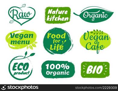 Organic food label. Vegetarian products for retail shop. Vegan menu in cafe or restaurant. Bio farm or ecology market. Green badge for package with eco ingredients isolated vector set. Organic food label. Vegetarian products for retail shop. Vegan menu in cafe or restaurant. Bio farm or eco market