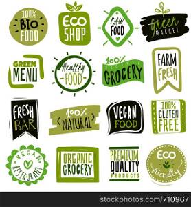 Organic food labels. Natural meal fresh products logo. Ecology healthy farm bio food vector green premium badges. Organic food labels. Natural meal and fresh products logo. Ecology farm bio food vector green premium badges