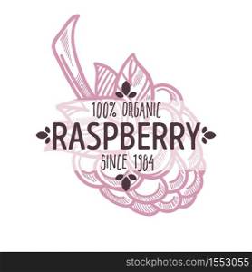 Organic food raspberry isolated icon with lettering forest berry silhouette vector natural product farm market grocery store and shop harvest emblem or logo agriculture and cultivation or growing. Raspberry isolated icon with lettering berry silhouette organic food