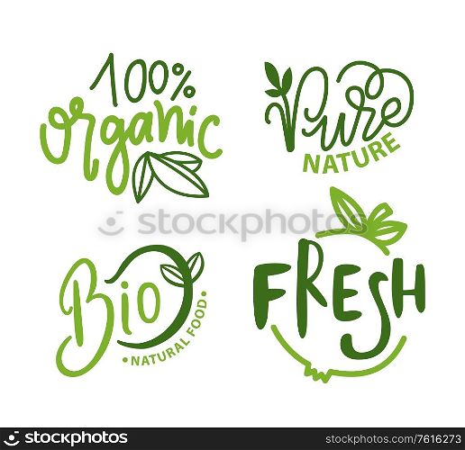 Organic food vector, 100 percent of natural ingredients set of isolated emblems and logotypes. Logo with inscription and plants foliage and flora. Organic Food Pure Nature Fresh and Bio Meal Set