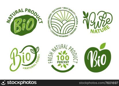 Organic food vector, logotypes with biological meal foliage and leaves decoration of logotypes and labels, flora and sunshine. Pure natural supplies. Organic Food Bio Ingredients, Apples and Leaves