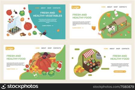Organic food web isometric web site landing pages set with isometric images clickable links and text vector illustration