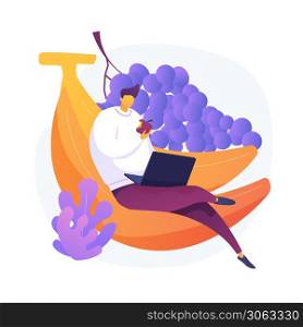 Organic fruits eating. Healthy snack, fruitarian diet, lunch break. Male freelancer cartoon character eating apple. Fresh natural bananas and grapes. Vector isolated concept metaphor illustration.. Organic fruits eating vector concept metaphor.