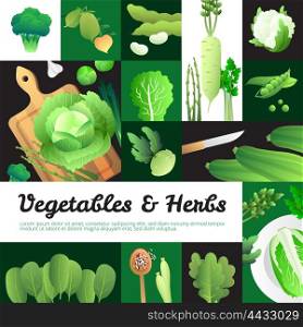 Organic Green Vegetables Banners Composition Poster. Vegetarian food banners composition poster with organic fresh cabbage and green vegetables on cutting board vector illustration