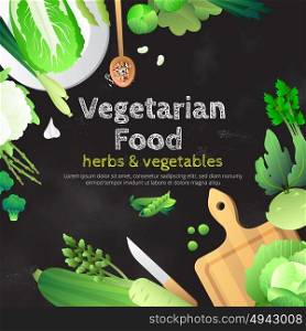 Organic Green Vegetables Herbs Chalkboard Poster . Vegetarian food chalkboard advertisement poster with organic fresh green vegetables and herbs on cutting board vector illustration