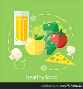 Organic health food products in flat design. Green healthy life concept icons.. Organic health food