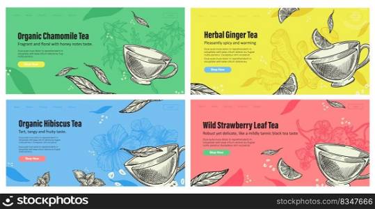 Organic herbal tea, landing page, vector illustration. Template web banner design with healthy beverage cup. Antioxidant chamomile, ginger, hibiscus and wild strawberry hand drawn ingredient. Organic herbal tea, landing page, vector illustration