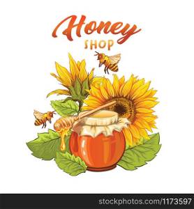 Organic honey shop flat banner vector template. Natural product, beeswax sale business. Beekeeping, apiary cartoon poster layout. Pot with dipper, bees and sunflowers illustration with lettering. Sunflower honey shop flat banner vector template