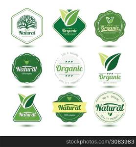 Organic labels and badges with green tree and leave , vector illustration