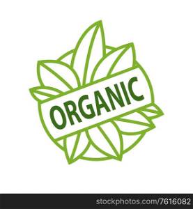 Organic logo inscription on green leaves isolated vector emblem. Abstract greenery foliage in circle, simple logotype of healthy organic natural food. Organic Logo Inscription on Green Leaves Isolated