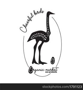 Organic market Premade Logo Design. Eco products. Ostrich birds . Black and white colors. Isolated background. Hand-drawn Stamp silhouette. Farmhouse decor. Farmers market brand. Vector illustrations. Organic market Premade Logo Design. Eco products. Cheerful Ostrich birds . Black and white colors. Isolated background. Hand-drawn Stamp silhouette. Farmhouse decor. Farmers market brand. Vector