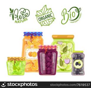 Organic meal, jars marmalade and canned food, orange slices and pea, olives and pickled cucumbers with onions, preserved vegetables in pot. Tinned food, conservation fruits. Tin container conserve. Organic Meal, Pure Nature, Bio Products Jars Set