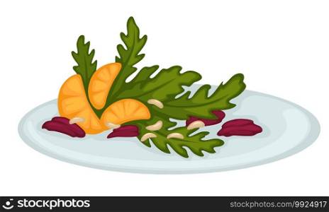 Organic meal served on plate, salad with arugula, citrus fruit and beans. Vegetable dish, restaurant menu isolated icon. Delicious low carbs dieting with vitamins and minerals, vector in flat. Salad made of arugula, mandarin slices and greenery