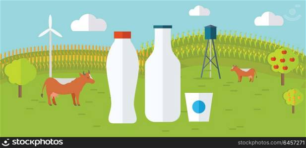 Organic Milk Farm Concept Web Banner. Milk farm concept banner vector flat design. Organic farming, traditional products. Clean naturally produced food. Bottle and glass of milk with animals, fields, garden on background.