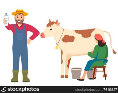 Organic milk in bottle vector, farmer showing fresh liquid in bottle, milkmaid woman and man working with cow, farming and getting ecological food. Person with Milkmaid Showing Product in Bottle