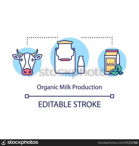 Organic milk production concept icon. Local bussiness idea thin line illustration. Dairy without pesticides and antibiotics. Product of farms. Vector isolated outline drawing. Editable stroke