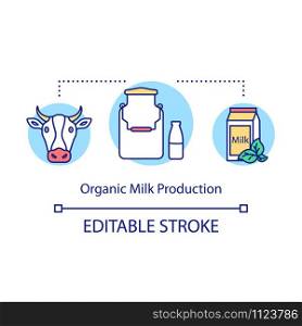 Organic milk production concept icon. Local bussiness idea thin line illustration. Dairy without pesticides and antibiotics. Product of farms. Vector isolated outline drawing. Editable stroke