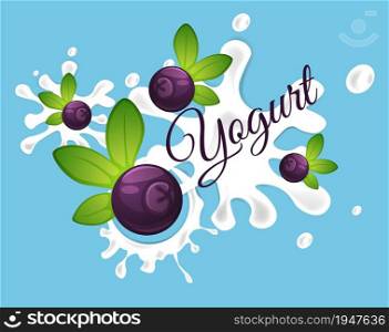 Organic milk with fruits, sweet yogurt with blueberries. Smoothie or dairy products emblem for package. Splashes of drink or cool beverage. Marketing and meal advertisement. Vector in flat style. Blueberry yogurt or sweet milk with wild berries