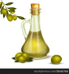 Organic natural food olive oil in glass bottle with tree branch poster vector illustration