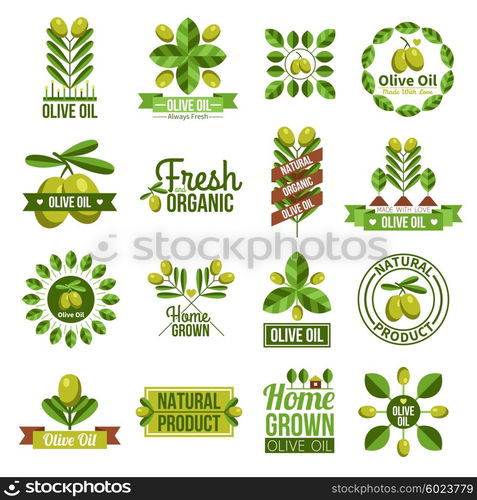 Organic Natural Olive Oil Label Set . Flat label set of natural olive oil advertising with olive tree branches and olives isolated vector illustration