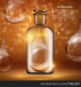 Organic oil cosmetics banner template. Realistic bottle and oil drops with shine background. Vector illustration. Organic oil cosmetics banner template. Realistic bottle and oil drops