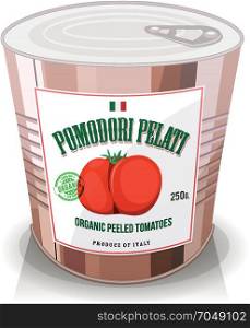 Organic Peeled Tomatoes In Can. Illustration of a cartoon can with organic pelled tomatoes, italian specialty