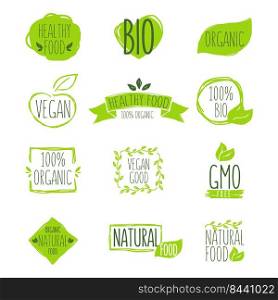 Organic product emblem set. Green eco mark, fresh vegetarian food stamp. Vector illustrations for healthy eating, lifestyle, natural ingredient concept
