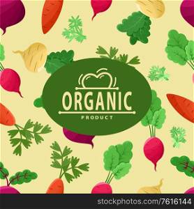 Organic product label, beet and turnip, carrot with leaves, vegetables decoration of poster or cover, agriculture symbol, vegetarian food, bio vector. Poster with Beet and Carrot, Vegetables Vector