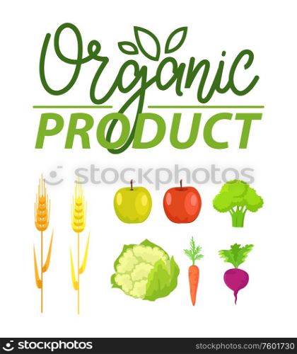 Organic product vector, natural production apples and broccoli, wheat crops and cabbage, carrots and beetroot, clean food meal, floral logotype set. Organic Product Wheat and Broccoli Carrots Set