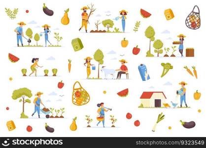 Organic production bundle of flat scenes. Farmers planting trees, gathering harvest isolated set. Fruits, vegetables, farm animals, orchard elements. Agricultural workers cartoon vector illustration.