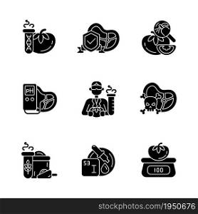 Organic products testing black glyph icons set on white space. Physical properties analysis. Molecular composition. Chemical additives detection. Silhouette symbols. Vector isolated illustration. Organic products testing black glyph icons set on white space