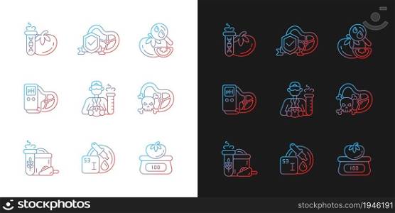 Organic products testing gradient icons set for dark and light mode. Physical analysis. Thin line contour symbols bundle. Isolated vector outline illustrations collection on black and white. Organic products testing gradient icons set for dark and light mode