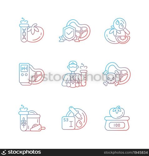 Organic products testing gradient linear vector icons set. Physical properties analysis. Chemical additives detection. Thin line contour symbols bundle. Isolated outline illustrations collection. Organic products testing gradient linear vector icons set