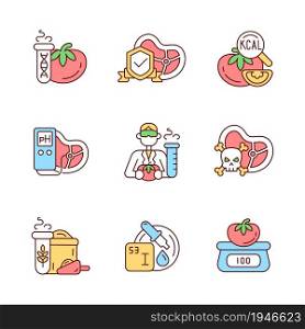 Organic products testing RGB color icons set. Physical properties analysis. Chemical additives detection. Isolated vector illustrations. Simple filled line drawings collection. Editable stroke. Organic products testing RGB color icons set