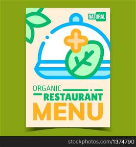 Organic Restaurant Menu Advertising Banner Vector. Green Leaf And Plus Mark On Restaurant Metallic Tray With Cap. Natural Cooked Food Concept Template Stylish Colorful Illustration. Organic Restaurant Menu Advertising Banner Vector