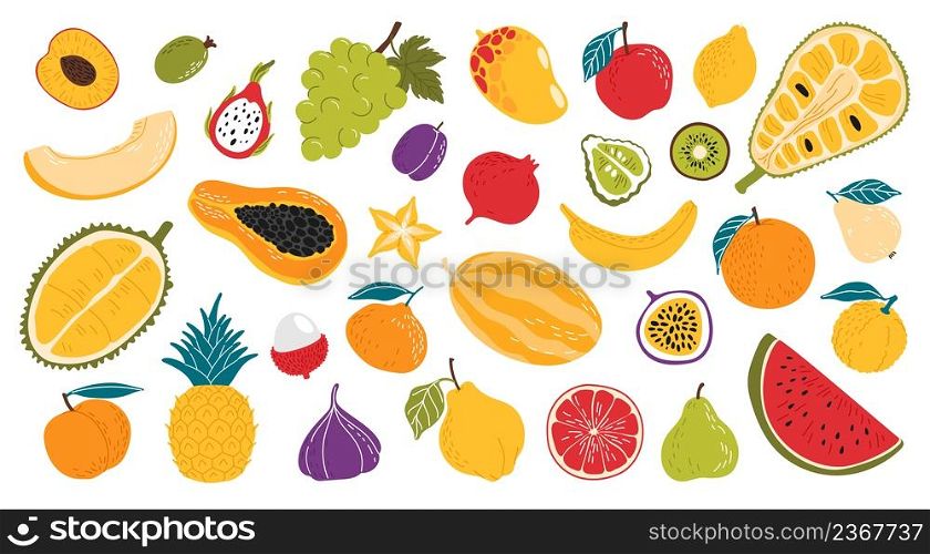 Organic ripe raw fruits. Flat style watermelon, grapefruit and peach, melon, dragon fruit and papaya, plum, mango and pomegranate, lemon, kiwi and star fruit, pineapple, fig and mangosteen, jackfruit. Flat style exotic and tropical fresh fruits set