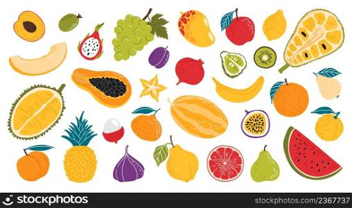Organic ripe raw fruits. Flat style watermelon, grapefruit and peach, melon, dragon fruit and papaya, plum, mango and pomegranate, lemon, kiwi and star fruit, pineapple, fig and mangosteen, jackfruit. Flat style exotic and tropical fresh fruits set