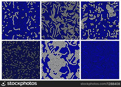 Organic seamless patterns set with rounded lines, drips. Diffusion reaction background. Linear design with biological shapes. Structure of natural cells, maze, coral. Abstract vector illustration. Organic seamless patterns set with rounded lines, drips. Diffusion reaction background. Linear design with biological shapes. Structure of natural cells, maze, coral. Abstract vector illustration.