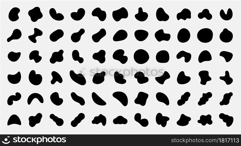 Organic shapes. Black abstract irregular oval and round spots. Pebble silhouettes and fluid splodge templates. Isolated graphic simple paint blots collection. Vector ink stains and random stones set. Organic shapes. Black abstract irregular oval and round spots. Pebble silhouettes and fluid splodge. Isolated graphic paint blots collection. Vector ink stains and random stones set