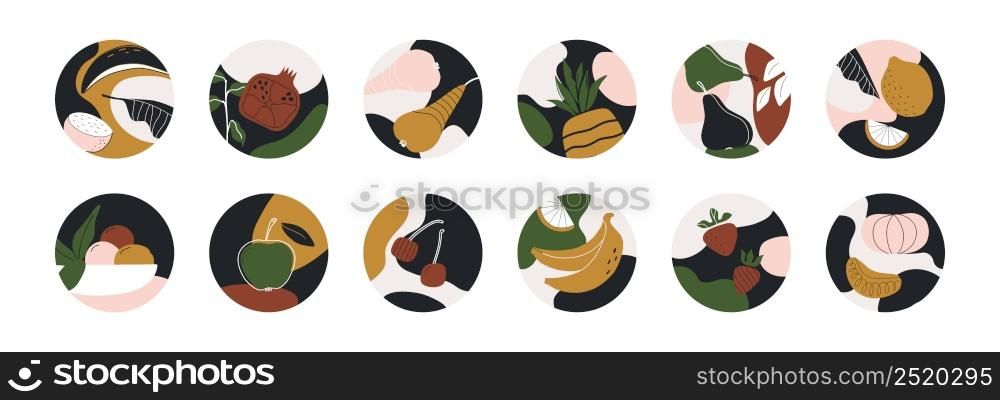Organic shapes social media covers. Circle banners with trendy figures for internet stories and posts. Abstract fruits and leaves. Doodle minimalistic plants. Vector account highlight elements set. Organic shapes social covers. Circle banners with trendy figures for stories and posts. Abstract fruits and leaves. Doodle minimalistic plants. Vector account highlight elements set