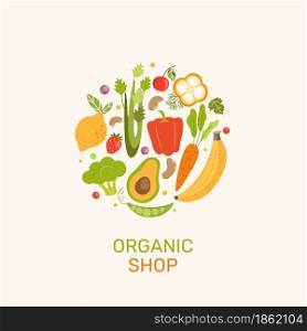 Organic shop banner with vegetables,berries,fruits.Natural products-banana,lemon,cabbage,celery and carrot,pepper and avocado,strawberry,beans and blueberry and cranberries.Vector for web,design,print. Organic shop banner with vegetables,berries,fruits
