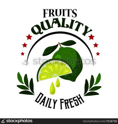 Organic shop or farm cartoon badge of fresh lime fruit with juicy wedge, decorated by stars, green branches and text Daily Fresh, arranged into round frame. Food packaging or promotion tag design. Organic shop or farm badge with fresh lime fruits