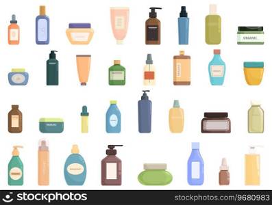 Organic skincare products icons set cartoon vector. Cosmetic beauty. Nature fresh. Organic skincare products icons set cartoon vector. Cosmetic beauty