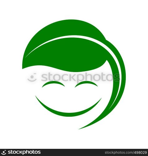 Organic smiley with green leaf icon in simple style on a white background. Organic smiley with green leaf icon, simple style