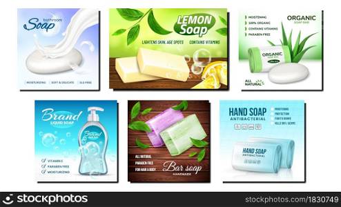 Organic Soap Creative Promotion Posters Set Vector. Aromatic Lemon And Liquid Soap, Aloe Natural Plant And Tree Leaves On Advertising Banners. Hygienic Product Style Concept Template Illustrations. Organic Soap Creative Promotion Posters Set Vector