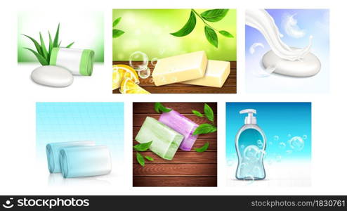 Organic Soap Creative Promotion Posters Set Vector. Aromatic Lemon And Liquid Soap, Aloe Natural Plant And Tree Leaves On Advertising Banners. Hygienic Product Style Concept Template Illustrations. Organic Soap Creative Promotion Posters Set Vector